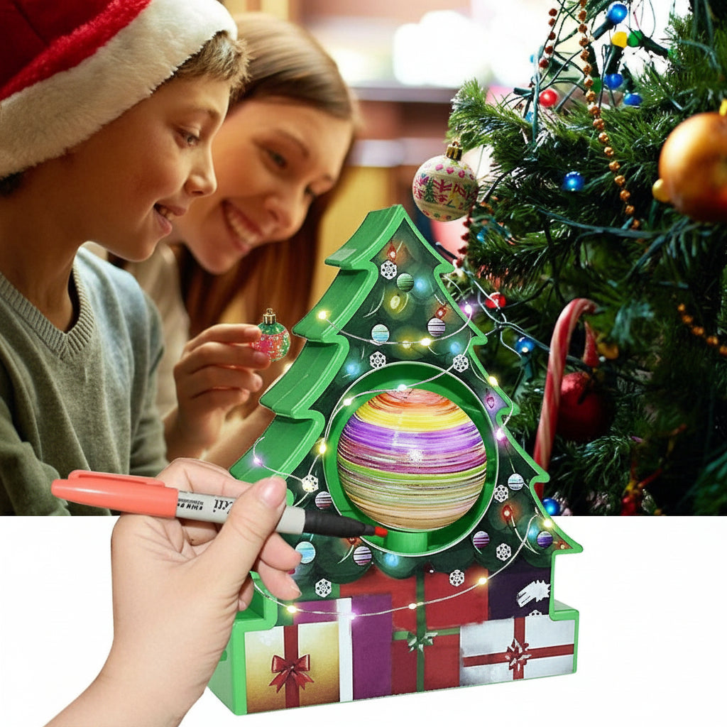 Children decorating a Christmas tree-shaped craft with lights and a colorful ball.